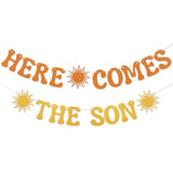 Here Comes The Son Banner - Sunshine Baby Shower Gender Reveal Party Decor, First Trip Around The Sun Decorations Gold Orange