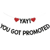 Yay! You Got Promoted Banner - Congrats On Your Promotion Decor, Congratulations, Job Promotion Party Decorations Black Glitter