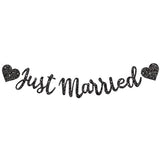 Black Just Married Banner - NO DIY, Glitter Wedding Party Banner,Just Married Signs, Bachelorette/Bridal Garland,Engagement Party Decor Supplies, Wedding Reception Party Decorations.