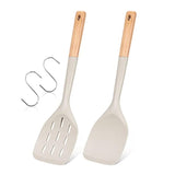 Pack Of 2 Silicone Spatula, Non Stick Cooking Utensil Set Wooden Handle Kitchen Turner For Baking Mixing Grilling Serving Food Heat Resistant Non Scratch Hooks Included (Khaki)
