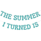 The Summer I Turned 15 Banner - Bruh Teen Boy 15Th Birthday Decor, Cheers To 15 Years, Summer Beach 15Th Birthday Party Decorations Blue Glitter