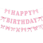 Pink Bow Happy Birthday Banner, Pink Bows Garland Banner Coquette Birthday Party Decorations For Girls Women Baby Showers Bow Theme Party