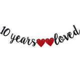 10 Years Loved Banner,Pre-Strung, Black Paper Glitter Party Decoration