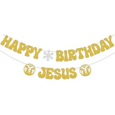 Happy Birthday Jesus Banner,Christmas Jesus Birthday Party Decorations,Merry Birthday Banner,Christmas New Year Holiday Party Decor Glitter Gold