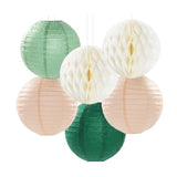 Sage-Green Pink-Beige Boho Party-Decorations Streamers - 14Pcs Rustic Neutral Wedding Olive Paper Honeycomb Lanterns Fan,Birthday Baby Bridal Shower Engagement Decor