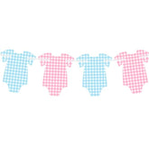 Pre-Strung Blue & Pink Gingham Bodysuit Baby Shower Banner - 8 Double-Sided Onesie Cards- Cute Baby Onesie Decorations For Gender Reveal Party, Baby Shower Decor, Baby Reveal Banner – Gender Reveal Ideas & Decor