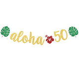 Aloha 50 Banner, Hawaiian 50Th Birthday Decorations, Aloha Party Decorations, Tropical Luau Birthday Party Decorations, Palm Leaf Decorations Gold Green Glitter