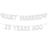 25th Wedding Anniversary Banner, Silver Glitter Just Married 25 Years Ago Decor