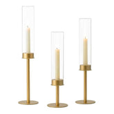 Gold Candle Holders Hurricane Candlestick Holders, 3Pcs Brass Candle Stick Candle Holder Candelabra, Taper Candle Holders With Glass Candle Cover For Wedding Table Centerpiece Christmas Decor