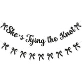 She'S Tying The Knot Banner & Black Bow Garland, Bow Bridal Shower Engagement Wedding Party Decorations For Women Black Glitter