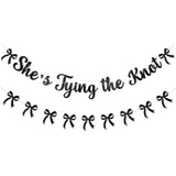 She'S Tying The Knot Banner & Black Bow Garland, Bow Bridal Shower Engagement Wedding Party Decorations For Women Black Glitter