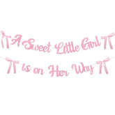 A Sweet Little Girl Is On Her Way Banner For Bow Baby Shower Decorations, Pink Glitter Baby Garland For Baby Girl Coquette Party Decor