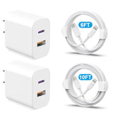 20W Dual Port Fast Charger Block 2-Pack With 6Ft & 10Ft Mfi-Certified Cables, Pd/Qc3.0 Quick Charge Adapter For Iphone 14/13/12/11 Pro Max/Xs/Xr/X, Ipad, Airpods Pro - Overheat & Surge Protection