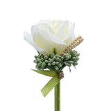 2 Pcs Wedding Boutonniere Artificial Flower Groom Groomsman Corsage Rose Silk Suit For Wedding Prom Homecoming Ivory