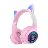Cat Ear Gaming Bluetooth 5.3 Wireless Foldable Headphones with LED Light, Stereo Game Surround Sound Over-Ear Headsets with Microphone AUX for PC,