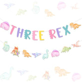 Dinosaur 3Rd Birthday Banner Garland Decorations For 3 Year Old Girl, Three Rex Dinosaur Theme Birthday Banner Pastel Macaroon Bday Party Supplies Decors