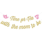 Pink Gold Glitter Tea With Mom To Be Banner, Vintage Teacup Teapot Printed Sign For Afternoon Tea Baby Shower Pregnancy Announcement Gender Reveal Party Decorations Supplies