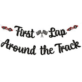 First Lap Around The Track Birthday Banner - Vintage Race Car 1St Bday Decorations, Retro Race Cars Theme Checkered Flag First Birthday Party Supplies Black Glitter