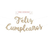 Pre-Strung Feliz Cumpleaños Banner - No Diy - Gold Glitter Spanish Happy Birthday Party Banner - Pre-Strung Script Garland On 6 Ft Strands - Gold Birthday Party Decorations & Decor - No Diy