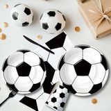 Soccer birthday party set with tableware, banner, and cutlery for 24 guests