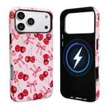 Magnetic Phone Case Compatible with MagSafe for iPhone 17 Pro Max - Cute Cherry Bow Ribbon Pattern, Hybrid 2 Layers Hard Back Shockproof Protective Cover - Glossy