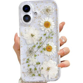 iPhone 16 Clear Case with Pressed Real Flowers, Glitter White Floral TPU Cover
