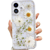 iPhone 16 Clear Case with Pressed Real Flowers, Glitter White Floral TPU Cover
