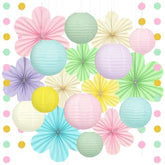 Spring Hanging Decorations - 20Pcs Pastel Party Decorations | Paper Lanterns & Flower Fans Set With Glitter Garland For Pastel Classroom Decor, Office, Baby Shower, Wedding & Easter Wall Decor