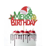 Merry Birthday Cake Topper,New Year Christmas Holiday Party Supplies,Red & Green Glitter Christmas Cake Decorations?Winter Holiday Cake Picks-Christmas Birthday Party Supplies(Birthday 2)