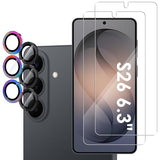 2-Pack Glass Screen Protector Compatible with Galaxy S26 6.3" 2026 + 2-Pack Camera Lens Protector for S26 6.3 Only, Full Coverage,