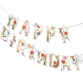 Flower Happy Birthday Banner, Vintage Wildflower Birthday Happy Birthday Sign Spring Flower Butterfly Party Decor Boho Hanging Decorations For Women
