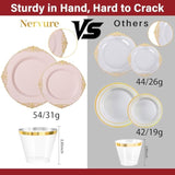 175Pcs Pink Plastic Plates - Disposable Pink Gold Party Plates & Pre Rolled Napkins With Cutlery For 25 Guests, 50Plates, 75Silverware, 25Cups, 25Napkin For Wedding & Party