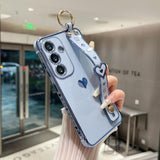 Compatible With Samsung Galaxy S25 Case, Electroplated Edge Love Heart Case With Wrist Strap, Full Camera Protection Raised Reinforced Corners Shockproof Soft Tpu Cover, Blue