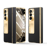 For Samsung Galaxy Z Fold 5 Case, Electroplated Frame, Leather On Back & Hinge Protection, Screen Protector, Metal Stand, Camera Protection, Thin & Slim Stand Cover 5G 2023, Black