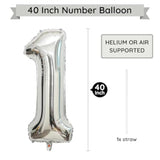 Silver Number 1 Balloon,40 Inch Large Number Foil Mylar Balloons For 1St Girl Boy Birthday Party Celebration Decoration Supplies, Big Digital Balloons For Wedding Anniversary Events Decor