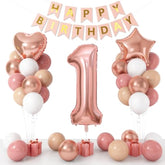 Boho 1St Birthday Decorations For Girls, Dusty Pink Rose Gold White Balloons With 40 Inch Number 1 Star Heart Foil Balloons Happy Birthday Banner For 1 Year Old Birthday Anniversary Baby Shower Decor