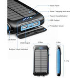 Power-Bank-Solar-Charger - 20000Mah Power Bank, Portable Charger, External Battery Pack 5V/3A Type C Input Output Dual Built-In Super Bright Flashlight, Carabiner, Solar Panel Charging