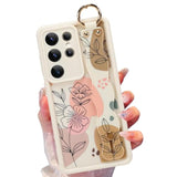 Silicone Case For Samsung Galaxy S25 Ultra With Strap, Cute Flower Floral Phone Case For Girl Women, Adjustable Finger Strap Shockproof Protective Cover, Beige Flowers