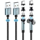 6Ft 540 Rotating 3 In 1 Magnetic Phone Charger Cable, 3A Fast Charge, 480Mbps Data Transfer, Nylon-Braided Cords For Micro Usb/Type C/Iphone