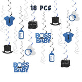 Boss Boy Hanging Swirl Decorations - Glitter 18 Pcs Baby Shower Party Supplies - Boy Birthday - Welcome Baby Boy Streamers - Gender Reveal Party Foil Swirls Ceiling Decorations