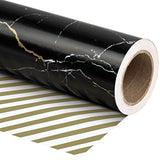 Reversible Wrapping Paper - Mini Roll - 17 Inch X 33 Feet - Black And Gold Marble Design, Perfect For Birthday, Holiday, Father'S Day, Baby Shower