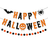 Glitter Happy Halloween Banner with Circle Dot Garland Black Orange Bat Spider Party Decor