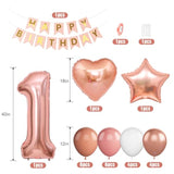 Boho 1St Birthday Decorations For Girls, Dusty Pink Rose Gold White Balloons With 40 Inch Number 1 Star Heart Foil Balloons Happy Birthday Banner For 1 Year Old Birthday Anniversary Baby Shower Decor