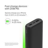 Belkin Portable Charger, 3-Port Power Bank - 12in. USB-C to USB-C Cable Included - 20000 mAh w/PD 20W for iPhone 17, Air, Pro, Pro Max, AirPods, Nintendo Switch 2 & More - Travel Essentials Black