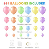 144pcs Pastel Rainbow Balloon Arch Kit in 6 Colors for Parties and Celebrations