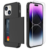 Card Holder Slot Case Compatible With Apple Iphone 15 6.1 Inches 2023, Phone Wallet Case With 1 Tempered Glass Screen Protector, Rubber & Pc Bumper Cover For Women Men, Black