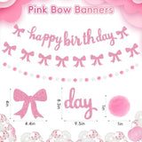Pink Bow Birthday Party Decorations Set, Girl Bow Themed Glittery Happy Birthday Banner Pom Pom Garland Tassel Garland Tablecloth Pink And White Balloons Decor For Women 18Th 21St 30Th Party Supplies