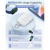 Portable Charger, 5000Mah Portable Charger Power Bank With Built-In Cables, Travel Keychain Battery Pack For Apple Watch Ultra 2/9/8/Ultra/7/6/Se/5, Iphone 16/15/14/13/12, White