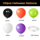 100Pcs Halloween Balloons with Ribbon - 12" Black, Orange, White, Purple & Green Party Decor