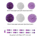Purple White Lavender Party-Decorations Streamers - 28Pcs Tissue Pom Poms,Women Girl Birthday Supplies Tassel Garland Banner,Baby Bridal Shower Wedding Engagement Bachelorette Graduation Decor